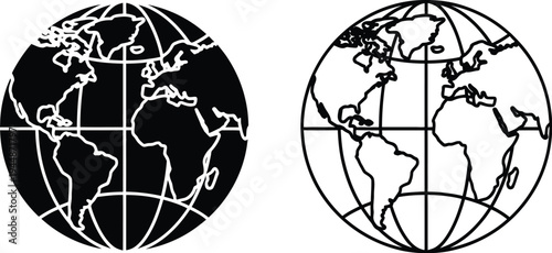 Black and white globe earth map illustration isolated on transparent background, Vector