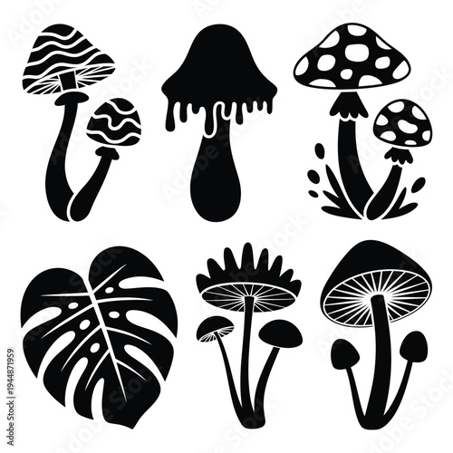 Black silhouette illustration showcasing various mushroom and foliage designs