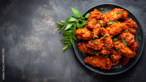 Top view Korean spicy fried chicken on gray concrete table 