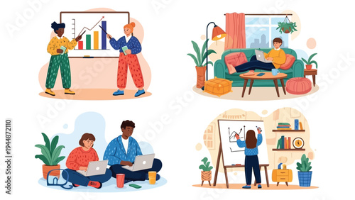 Illustration of diverse people engaged in various professional activities such as teaching, working, and collaborating in a modern office setting