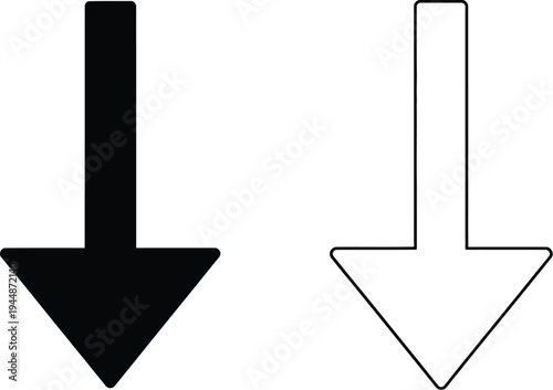 Black and white arrows pointing down isolated on transparent background, Vector