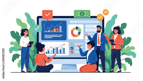 Illustration of business team analyzing financial data and charts on a large screen in a modern office environment