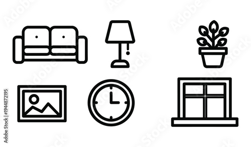 Black and white line of living room sofa lamp plant clock and window
