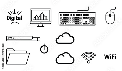 Black and white minimal line of digital technology including computer monitor keyboard mouse internet wifi