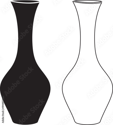 Pair of Vases for Flower Arrangement Decorative Display Black and White Outline Artistic Abstract Static Shot Closeup Two Piece Designs