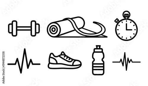 Black and white minimal line of fitness and exercise equipment including dumbbells mat stopwatch shoe bottle and heart rate monitor