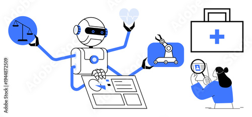 Artificial intelligence concept. AI supporting diverse fields thumbs up justice, healthcare, and automation. AI enhances decision-making, improves efficiency, and boosts technological innovation