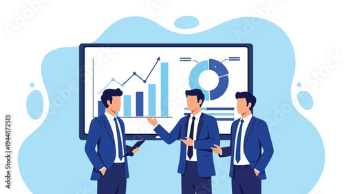 Illustration of three business professionals analyzing data on a large screen, discussing business strategy and growth