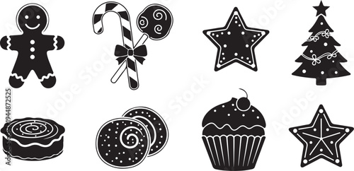 Black and white Christmas icons and sweet treats collection