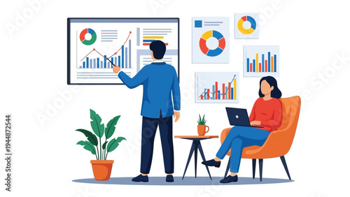 Illustration of business professionals analyzing data and discussing business strategies with charts and graphs