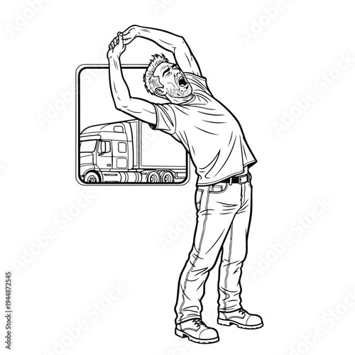 Truck driver stretching arms and yawning after long haul drive in line art vector drawing