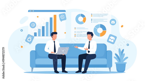 Illustration of two businessmen discussing data analytics and financial reports while sitting on a couch in a modern office setting