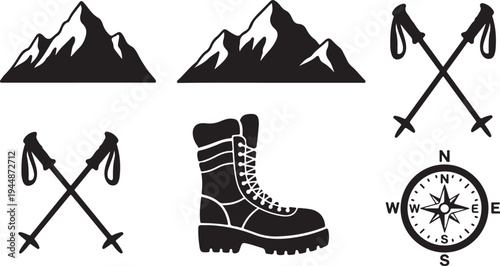 Hiking and trekking icons and travel symbols in black
