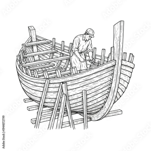 Skilled carpenter building wooden boat hull using traditional tools in vintage sketch art