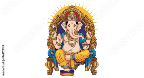 Tableau sur toile Illustration of Lord Ganesha sitting on a throne with intricate design and symbolism, representing a significant character in Hindu mythology and tradition