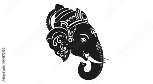 Black and white illustration of Lord Ganesha's head, a symbolic character in Hindu mythology and tradition, with intricate designs on a plain background.