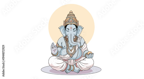 Illustration of Lord Ganesha sitting in a meditative pose with a colorful design and symbolism, representing a significant character in Hindu mythology and religion, against a simple