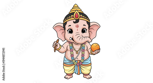 A colorful illustration of Lord Ganesha, a character from Hindu mythology and symbolism, depicted as a cheerful cartoon character with a traditional design on a white background.