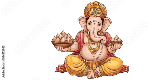 Illustration of Lord Ganesha, a Hindu mythology character symbol, sitting in a traditional pose with symbolic objects, against a clean white background, representing culture and religion
