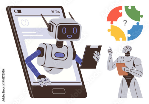 Artificial intelligence, robotics, problem-solving, digital communication, innovation, and technology. A smiling robot emerges from a smartphone holding a clipboard, with another robot gesturing at