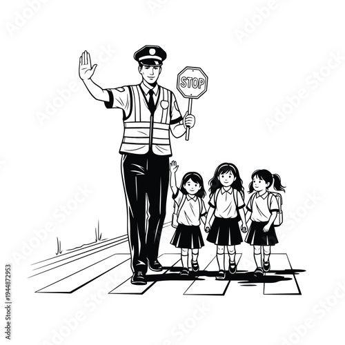 Traffic guard holding stop sign for children crossing street, school crossing safety