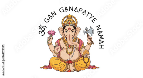 Illustration of Lord Ganesha in a symbolic design with colorful elements and traditional Indian motifs on a white background.
