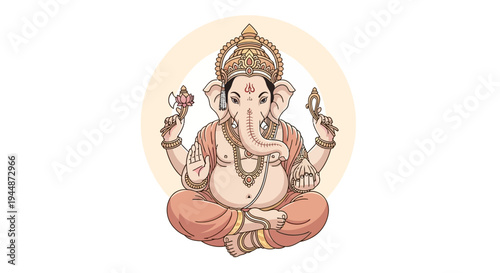 A colorful illustration of Lord Ganesha, a character from Hindu mythology and symbolism, sitting in a meditative pose with a serene expression, surrounded by a simple design on a white