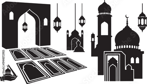 Islamic Architecture Silhouettes and Mosque Icons in Black White