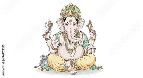 Illustration of Lord Ganesha sitting in a symbolic pose with colorful traditional attire and ornaments on a plain white background, representing Hindu mythology and culture.