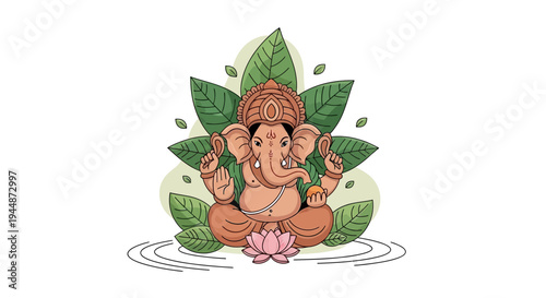 A colorful illustration of Lord Ganesha sitting on a lotus flower with green leaves and symbolic design elements in a mythological character picture.