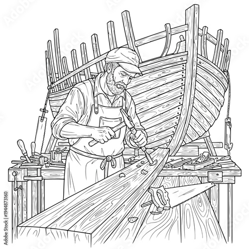 Man carpenter working in workshop, old boat building process