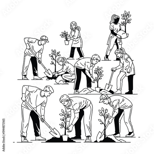 People planting trees for reforestation project, community gardening activity