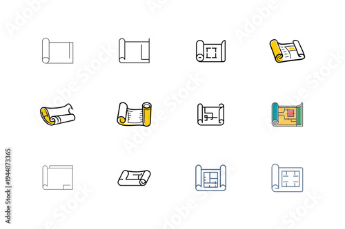 Minimal Blueprint Roll Silhouette Bundle Set, Architectural Blueprint Roll Minimal Silhouette Collection, Technical Blueprint Paper Roll Outline Bundle Design, Engineering Blueprint Scroll Silhouette 