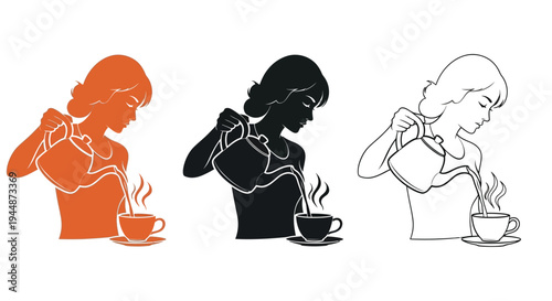 A woman pours a hot drink from a kettle into a cup set.