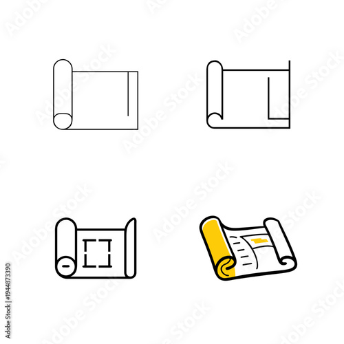 Minimal Blueprint Roll Silhouette Bundle Set, Architectural Blueprint Roll Minimal Silhouette Collection, Technical Blueprint Paper Roll Outline Bundle Design, Engineering Blueprint Scroll Silhouette 
