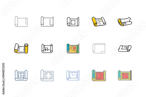 Minimal Blueprint Roll Silhouette Bundle Set, Architectural Blueprint Roll Minimal Silhouette Collection, Technical Blueprint Paper Roll Outline Bundle Design, Engineering Blueprint Scroll Silhouette 