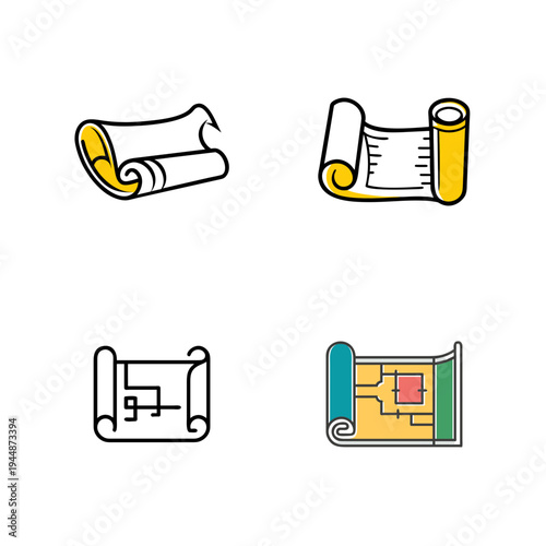 Minimal Blueprint Roll Silhouette Bundle Set, Architectural Blueprint Roll Minimal Silhouette Collection, Technical Blueprint Paper Roll Outline Bundle Design, Engineering Blueprint Scroll Silhouette 