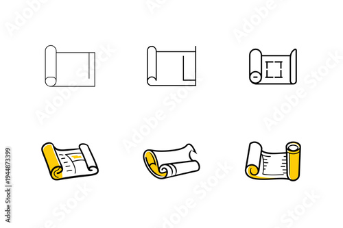 Minimal Blueprint Roll Silhouette Bundle Set, Architectural Blueprint Roll Minimal Silhouette Collection, Technical Blueprint Paper Roll Outline Bundle Design, Engineering Blueprint Scroll Silhouette 