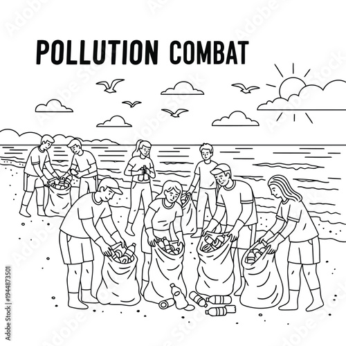 People cleaning beach together picking up plastic trash to save planet