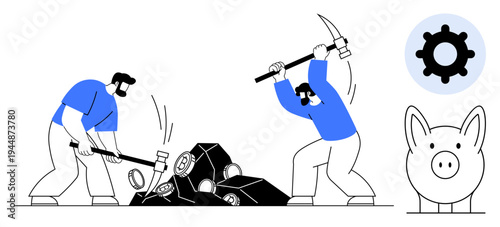 Cryptocurrency mining. Workers using tools mining cryptocurrency with a piggy bank financial savings. Cryptocurrency connecting technology, investment, and financial growth. For fintech, savings