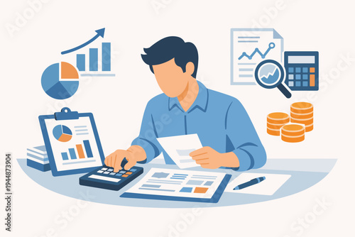 Flat vector illustration of a professional male accountant or financial analyst sitting at a desk using a calculator to analyze balance sheets, business reports, data charts, and tax documents.