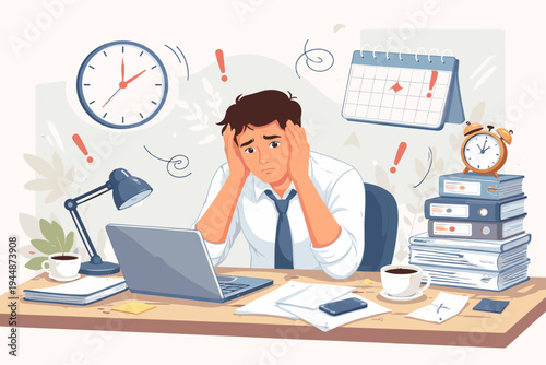 Stressed businessman sitting at office desk with laptop, feeling overwhelmed by heavy workload, tight deadlines, and pressure, surrounded by clocks, calendar, and stacks of documents illustration