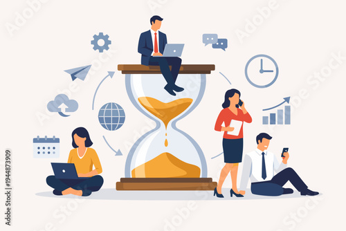 Vector Illustration of Business People Working with Laptops and Smartphones Around a Large Hourglass, Representing Time Management, Productivity, Deadlines, Global Connectivity and Workflow.