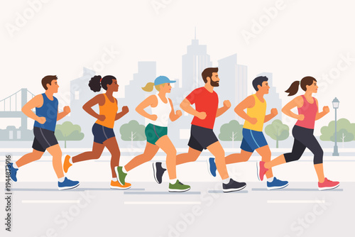 Flat Vector Illustration of Diverse People Running a Marathon or Jogging on a City Street with Skyscrapers and Trees, Promoting Fitness, Healthy Lifestyle, Wellness, and Outdoor Exercise Activity.