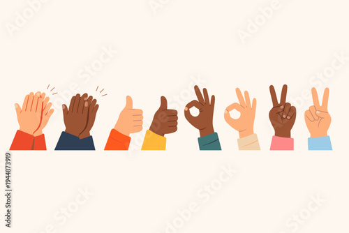 Multicultural hands of diverse people clapping, giving thumbs up, showing OK sign, victory and peace gestures. Flat vector illustration for diversity, inclusion, teamwork and positive community.