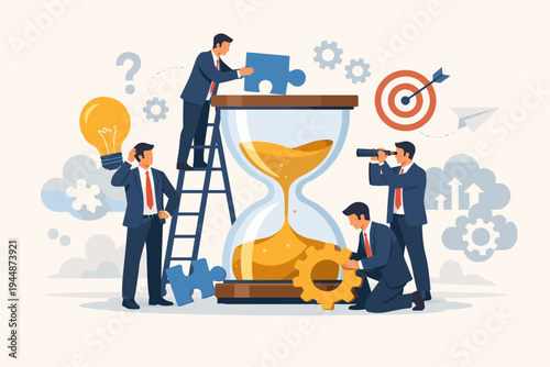 Business team working together around a large hourglass to manage time and solve problems. Illustration of efficiency, strategy, productivity, deadlines, and creative ideas for corporate success.
