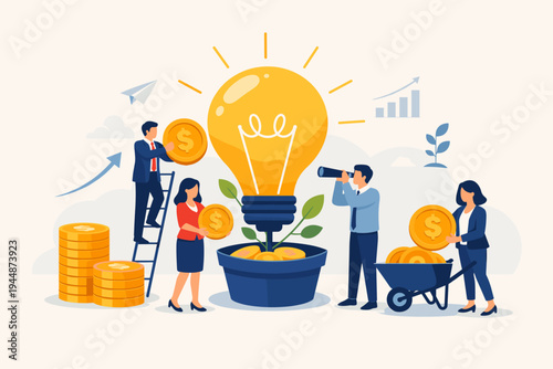 Business people investing money in a bright idea lightbulb growing in a pot. Concept of startup funding, financial growth, venture capital, innovation, and successful business teamwork strategy.