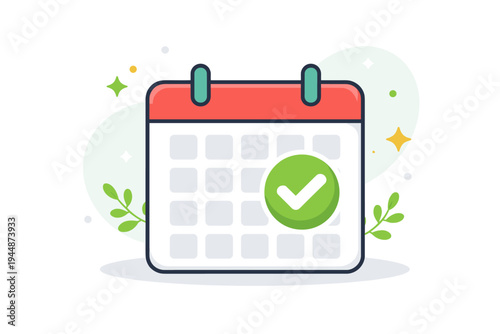 Calendar Icon with Green Checkmark Vector Illustration for Schedule Planning, Appointment Reminder, Event Organization, Deadline Completion, and Time Management on a Clean Light Background