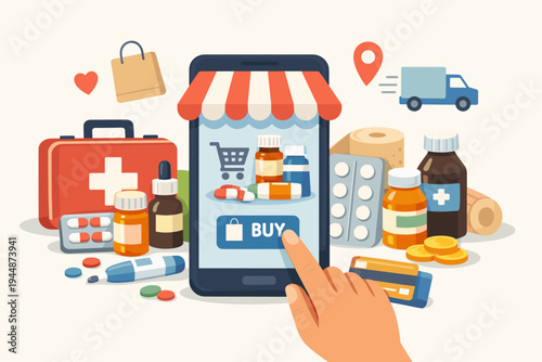 Vector Illustration of an Online Pharmacy App on a Smartphone with Prescription Drugs, First Aid Kit, Pills, and Medical Supplies for Digital Healthcare Shopping and Fast Home Delivery.