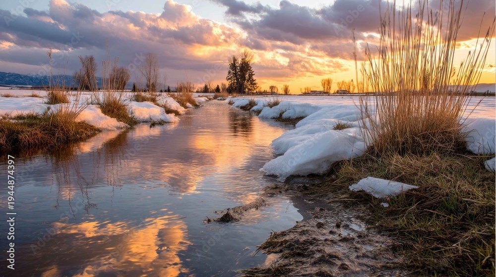 Obraz premium Serene Sunset Over Calm Water Surrounded by Snow and Grass